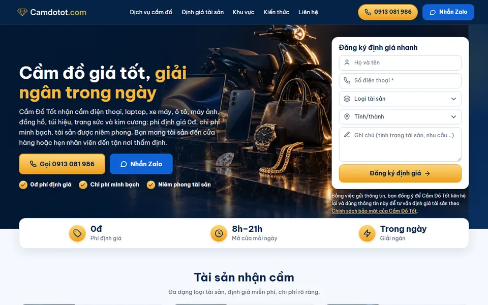 Trang chủ website Camdotot.com, dịch vụ cầm đồ kèm biểu mẫu đăng ký định giá nhanh