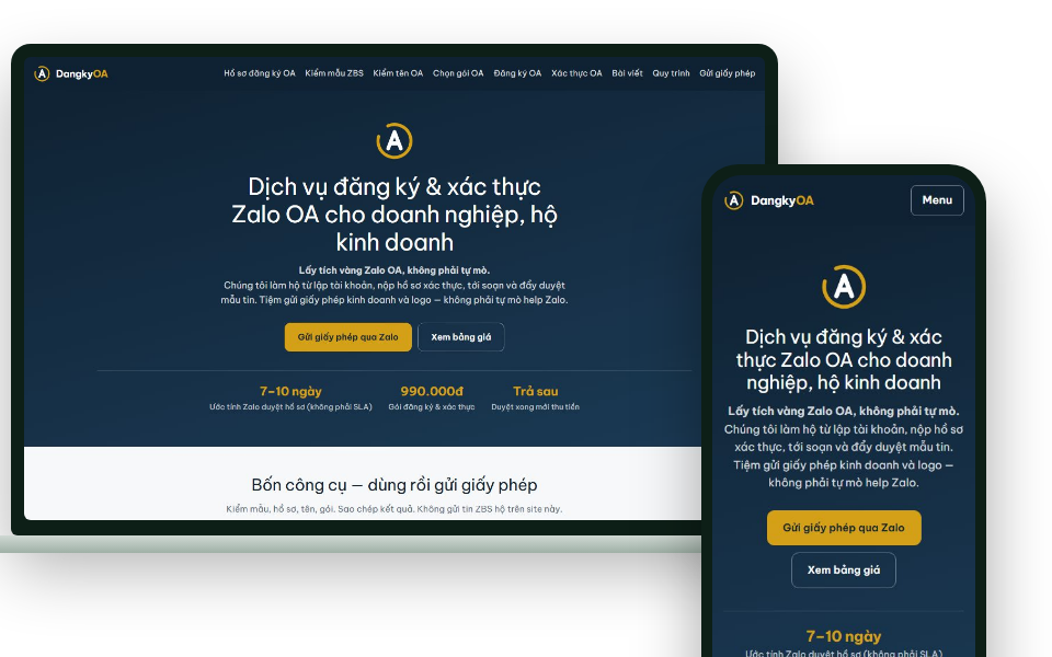 Website dangkyoa.com hiển thị trên máy tính xách tay và điện thoại
