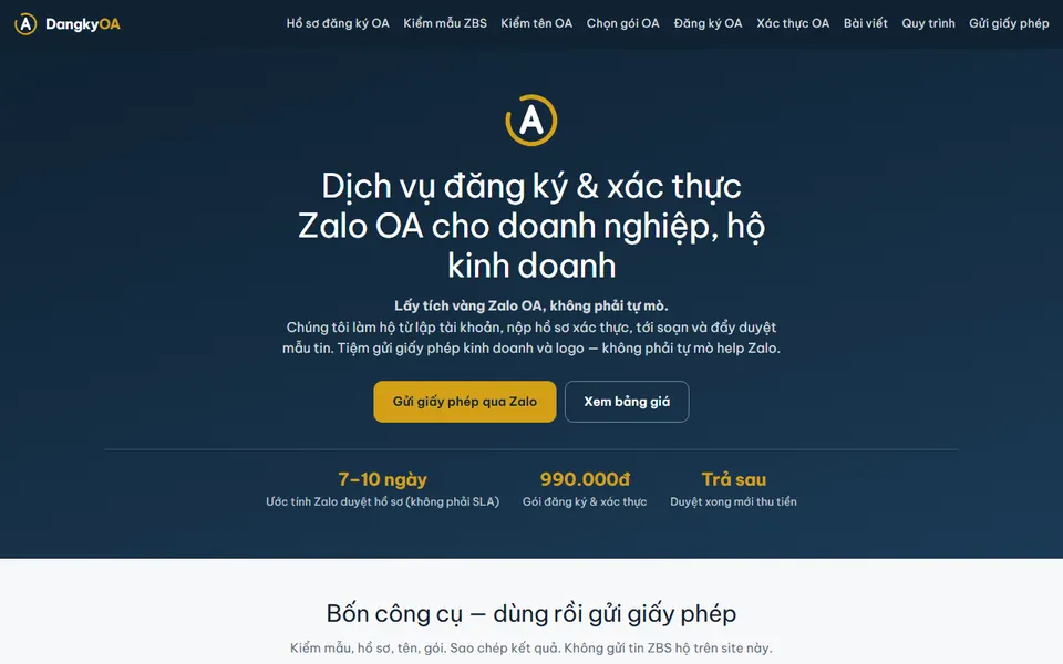Trang chủ website dangkyoa.com, dịch vụ đăng ký và xác thực Zalo OA
