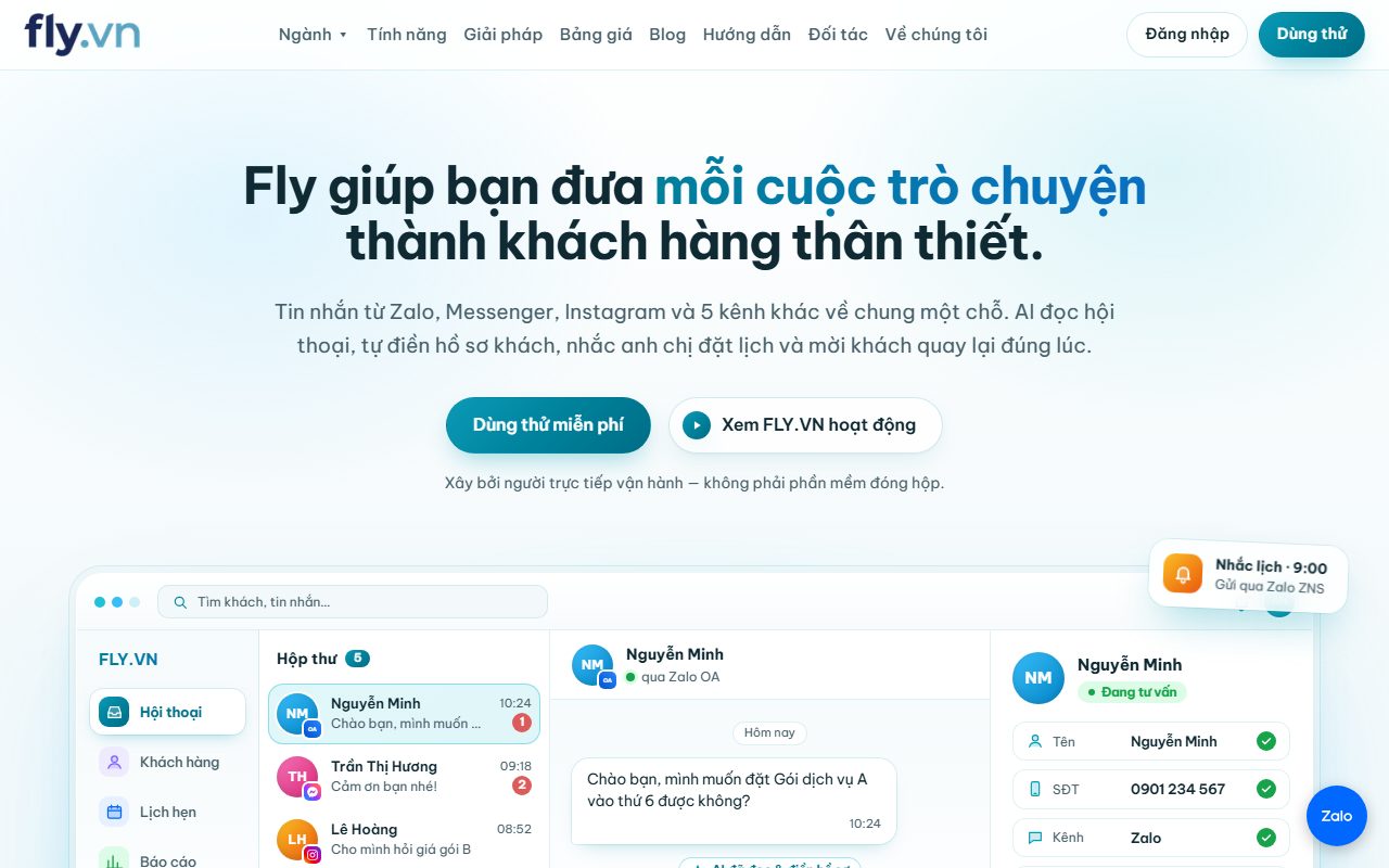 Trang chủ website fly.vn, phần mềm CRM hội thoại cho doanh nghiệp dịch vụ