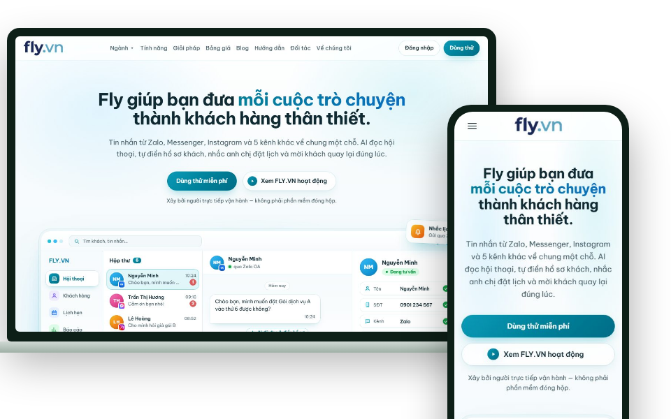 Website fly.vn hiển thị trên máy tính xách tay và điện thoại