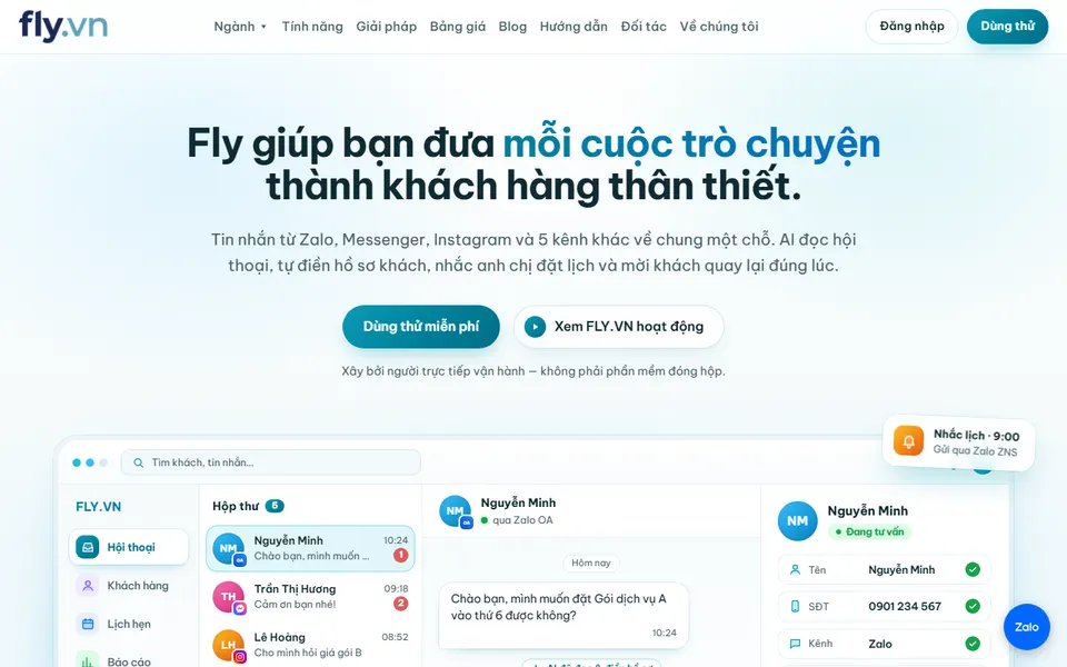Trang chủ website fly.vn, phần mềm CRM hội thoại cho doanh nghiệp dịch vụ