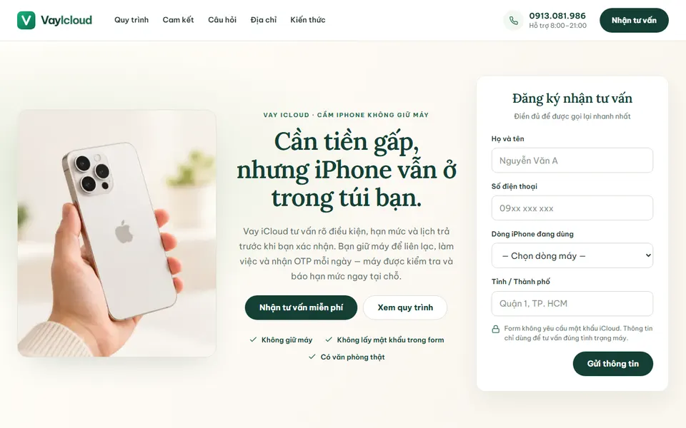 Trang chủ website vayicloud.app, dịch vụ cầm iPhone không giữ máy kèm biểu mẫu tư vấn
