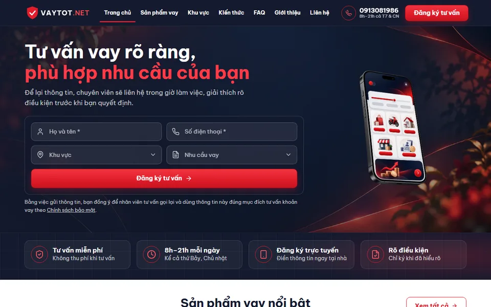 Trang chủ website Vaytot.net, tư vấn vay tài chính kèm biểu mẫu đăng ký tư vấn
