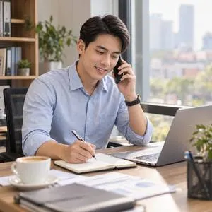 Chủ cơ sở vừa nghe điện thoại vừa ghi chú nhu cầu bên máy tính xách tay