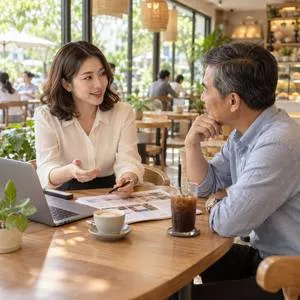 Hai người ngồi trao đổi và xem tài liệu báo giá tại bàn quán cà phê