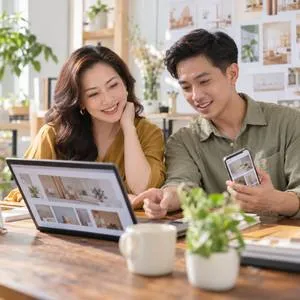 Hai người cùng xem mẫu giao diện website trên máy tính xách tay và điện thoại