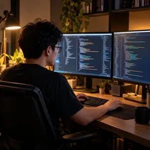 Lập trình viên làm việc trước hai màn hình hiển thị mã nguồn