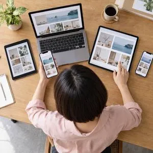 Người kiểm tra giao diện website trên máy tính bảng và điện thoại đặt trên bàn