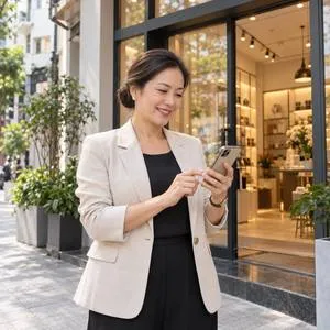 Chủ cửa hàng mỉm cười cầm điện thoại trước cửa tiệm